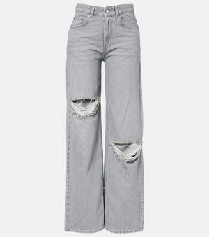 Area Distressed Embellished Wide-Leg Jeans - Grey