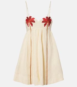 FARM Rio Coconut Tree Embroidered Linen Minidress - Natural