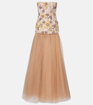 Costarellos Theia Floral-Applique Sequined Tulle Gown - Natural