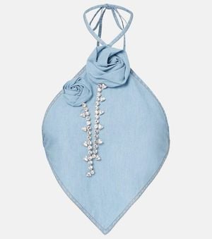 Area Embellished Floral-Applique Cotton Top - Blue