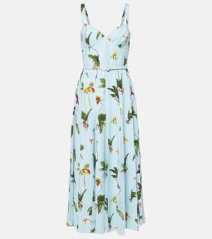 Oscar de la Renta Floral Belted Cady Midi Dress - Blue