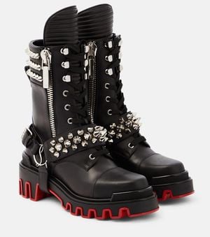 Christian Louboutin Janetta Red Sole Spike Leather Biker Boots - Black