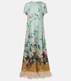 La DoubleJ Swing Feather-Trimmed Silk Twill Maxi Dress - Green
