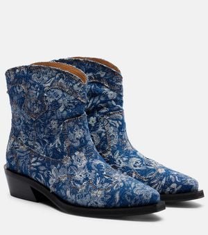 Ganni Low Shaft Embroidered Jacquard Cowboy Boots - Blue