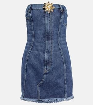 Area Strapless Floral-appliquéd Denim Mini Dress - Blue