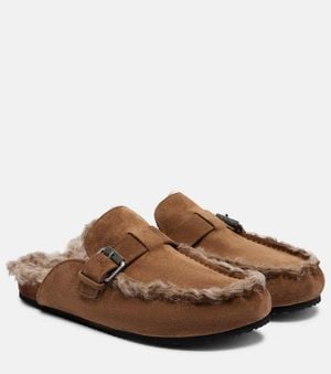Brunello Cucinelli Slippers Aus Veloursleder Mit Shearling - Braun