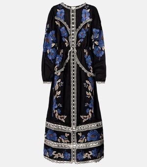 FARM Rio Embroidered Floral Cotton Midi Dress - Blue