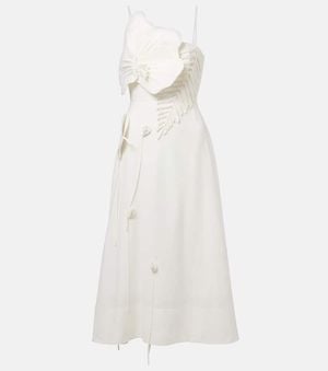 FARM Rio Floral-Applique Linen-Blend Midi Dress - White