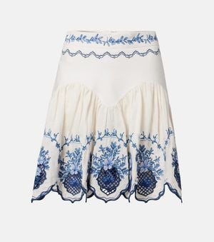 Agua Bendita Acai Embroidered Floral Linen Miniskirt - Blue