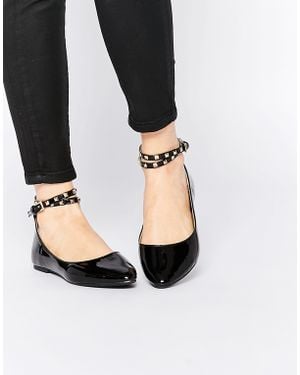 Daisy Street Black Studded Ankle Strap Ballet Flat Shoes