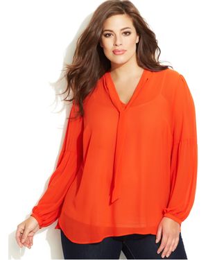 Michael Kors Michael Plus Size Tie-Neck Blouse - Orange