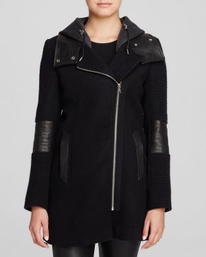 Andrew Marc Corey Leather Trim Hooded Coat - Black