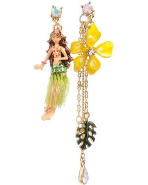 Betsey Johnson Hula Girl and Flower Mismatch Earrings - Yellow