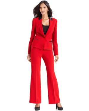 Anne Klein Faux Leather Trim Pant Suit - Red