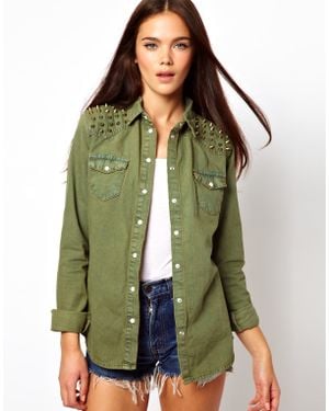 Glamorous Denim Shirt with Studs - Natural