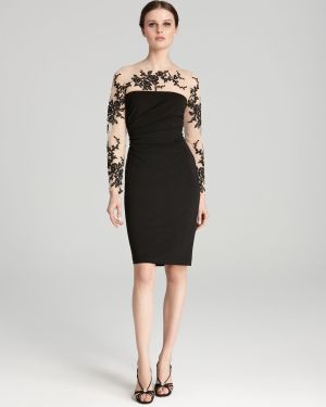 David Meister Long Sleeve Dress Embroidered Lace Illusion - Black