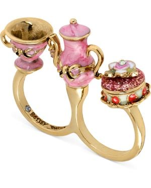 Betsey Johnson Antique Goldtone Pink Teapot and Cup Twofinger Ring