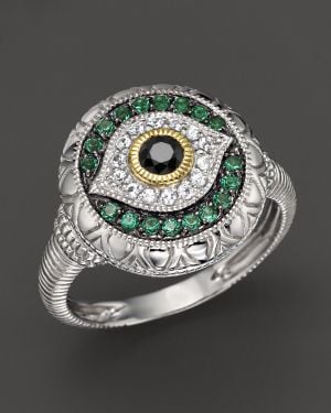 Judith Ripka Sterling Silver Evil Eye Ring with Black and White Sapphires and Green Quartz - Metallic