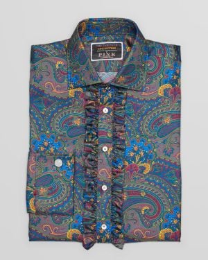 Thomas Pink Fab Four Collection Silk Paisley Ruffle Dress Shirt Contemporary Fit Exclusive To Bloomingdales - Blue