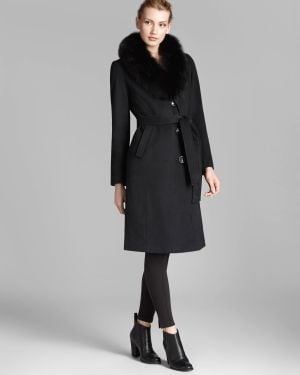 Ellen Tracy Coat Fox Fur Collar Belted - Black