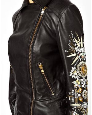 ASOS Leather Biker Jacket with Heavily Embellished Sleeve - Black
