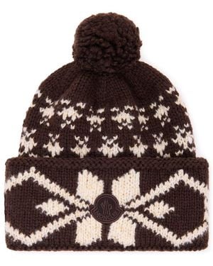 Moncler Pom Pom Hat With Logo - Brown