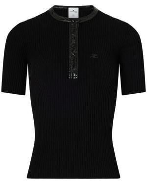 Courreges Short-Sleeve Ribbed Top With Contrasting Vinyl - Black