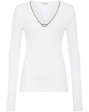 Brunello Cucinelli Ribbed Jersey Long-Sleeve Top - White