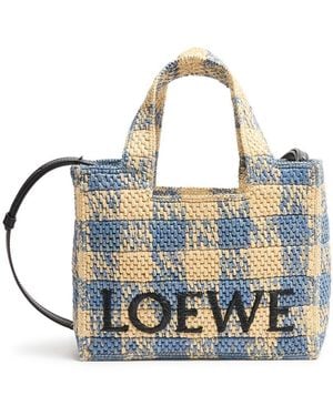 Loewe Font Gingham Small Raffia Tote Bag - Blue
