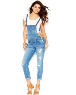 Guess Skinny-Leg Cross-Strap Distressed Denim Overalls - Blue