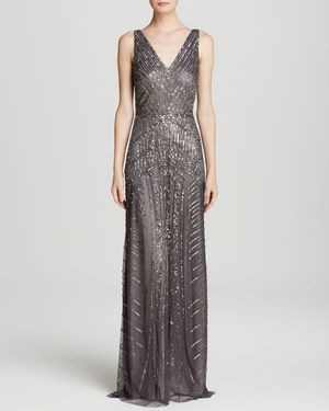 Adrianna Papell Gown - Sleeveless V-Neck Beaded - Gray