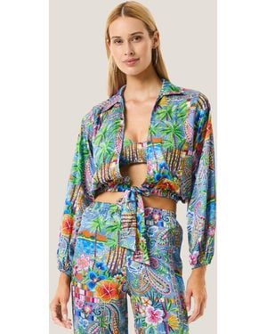 4giveness Camicia Crop Scollo V E Ml Larga Denim Mexican - Blue