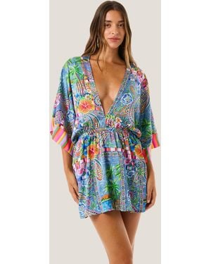 4giveness Vestito Corto Scollo V E Manica 3/4 Denim Mexican - Blue
