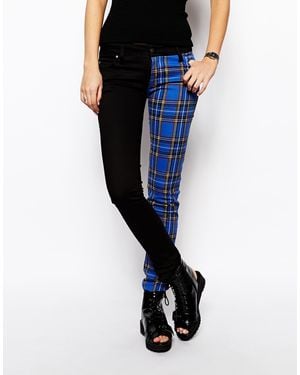 Tripp Nyc Plaid Printed Split Leg Skinny Jeans - Black