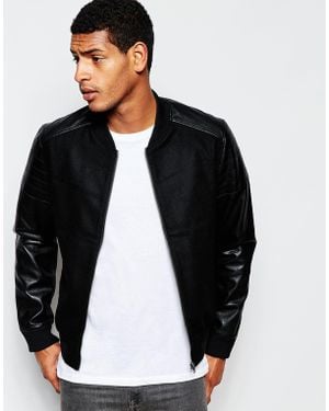 Produkt Wool Bomber Jacket With Faux Leather Sleeves - Black