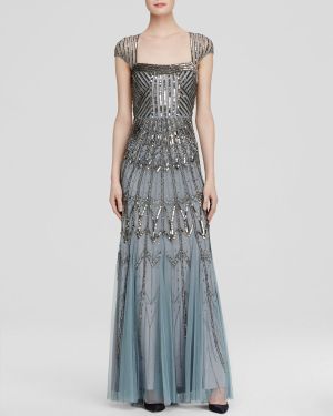 Adrianna Papell Gown - Square Neck Cap Sleeve Open Back Beaded - Gray