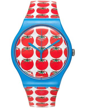 Swatch Unisex Swiss Tomatella Tomato Print White Silicone Strap Watch 41mm Suos102