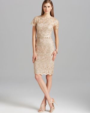 David Meister Dress Short Sleeve Metallic Lace Beaded Waist - Natural