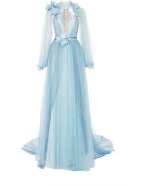 Marchesa Tulle Grecian Gown With Billowing Sleeves - Blue