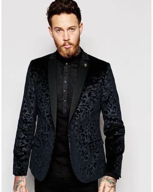 Noose And Monkey Velvet Blazer With Floral Embossing In Super Skinny Fit - Black