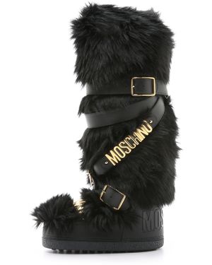 Moschino Logo-Strap Faux-Fur Snow Boots - Black