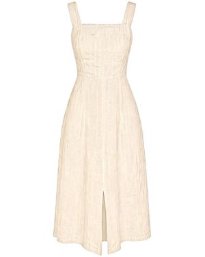 Haris Cotton Kleid Square Neck Striped Linen Tie Back Dress With Front Slit - Weiß