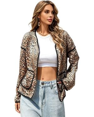KoJooin Sommermantel Damen Langarm Offene Strickjacke Mit Leopardenmuster Und Taschen Lässiger Und Stylischer Cardigan - Grau