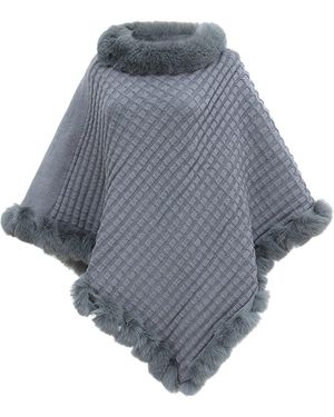 MAGICSHE Cape Winter Poncho Strick Mit Kunstfell - Blau