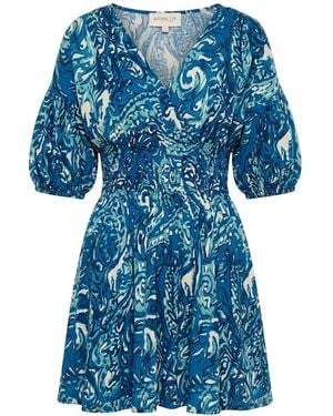 Apricot Paisley Bubble Hem Cotton Mini Dress - Blau