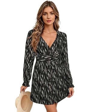 KoJooin Kleid Tailliertes Damen Kleid Mit V-Ausschnitt Langarm Knopfleiste Und Streifenmuster - Schwarz