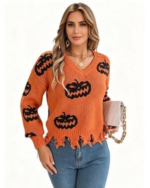 KoJooin Pullover Damen V-Ausschnitt Pullover Mit Halloween-Kürbis-Motiv Farbkontrast,Gestrickter Langarm-Pullover - Orange