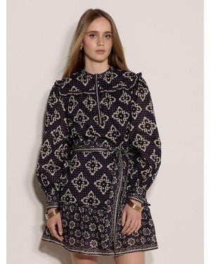 Apricot Tile Print Cotton Shift Mini Dress - Blau