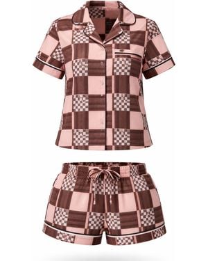 LEAFLETIC Shorty Check Night Wear Short Set For - Mehrfarbig