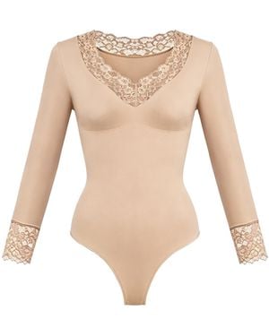 cfab Shapingbody Clean Longsleeve V-Neck With Lace Sculpting Bodysuit With String - Weiß